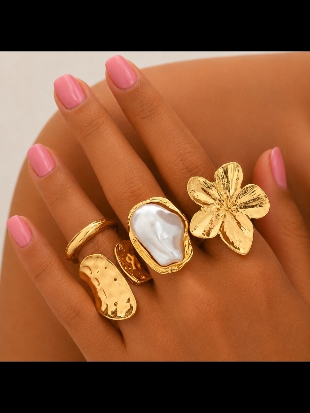 Gold Tone Floral, Faux Pearl Statement Rings - Women Jewelry 4 Pcs NEW